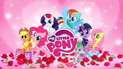 Size: 1363x768 | Tagged: safe, imported from derpibooru, applejack, fluttershy, pinkie pie, rainbow dash, rarity, spike, twilight sparkle, dragon, earth pony, pegasus, pony, unicorn, female, flower, flower in hair, gameloft, heart, holiday, loading screen, male, mane seven, mane six, my little pony logo, official, rose, unicorn twilight, valentine's day, valentine's day card, video game