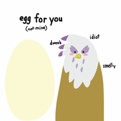 Size: 2048x2048 | Tagged: safe, artist:2merr, gilda, griffon, blushing, dialogue, dot eyes, drawn on phone, drawthread, dweeb, egg, female, idiot, insult, simple background, solo, talking to viewer, tsundere, white background