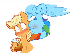 Size: 1280x1006 | Tagged: safe, artist:chub-wub, imported from derpibooru, applejack, rainbow dash, earth pony, pegasus, pony, appledash, blushing, cheek kiss, cider, cute, dashabetes, eyes closed, female, freckles, glass, jackabetes, kiss on the cheek, kissing, lesbian, mare, shipping, simple background, upside down, white background