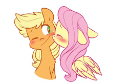 Size: 1280x842 | Tagged: safe, artist:chub-wub, imported from derpibooru, applejack, fluttershy, earth pony, pegasus, pony, appleshy, blushing, cheek kiss, cute, eyes closed, female, freckles, jackabetes, kiss on the cheek, kissing, lesbian, mare, one eye closed, shipping, shyabetes, simple background, white background, wink