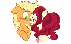 Size: 1280x798 | Tagged: safe, artist:chub-wub, imported from derpibooru, applejack, cherry jubilee, earth pony, pony, bedroom eyes, blushing, boop, cherrybetes, cherryjack, cute, eyeshadow, female, freckles, jackabetes, jubibetes, lesbian, looking at each other, makeup, mare, noseboop, shipping, simple background, white background
