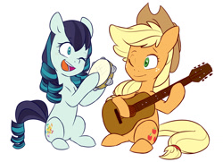 Size: 1280x925 | Tagged: safe, artist:chub-wub, imported from derpibooru, applejack, coloratura, earth pony, pony, acoustic guitar, applejack's hat, blushing, cowboy hat, cute, female, freckles, guitar, hat, jackabetes, lesbian, looking at each other, mare, music, musical instrument, one eye closed, open mouth, rarabetes, rarajack, shipping, simple background, sitting, tambourine, white background, wink