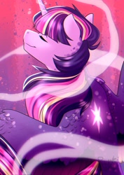 Size: 2480x3507 | Tagged: safe, artist:silentwolf-oficial, imported from derpibooru, part of a set, twilight sparkle, alicorn, pony, abstract background, eyes closed, female, high res, mare, nose in the air, smiling, solo, twilight sparkle (alicorn)