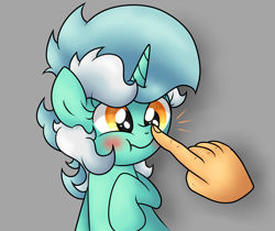 Size: 2406x2024 | Tagged: safe, artist:background basset, imported from derpibooru, lyra heartstrings, pony, unicorn, blushing, boop, bust, gray background, hand, high res, simple background, solo