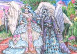 Size: 4625x3242 | Tagged: safe, artist:lubronyr, imported from derpibooru, princess celestia, princess luna, alicorn, anthro, breasts, cleavage, clothes, dress, duo, female, gloves, hand on shoulder, high res, mare, one wing out, outdoors, royal sisters, royalty, s1 luna, siblings, sisters, traditional art, wings