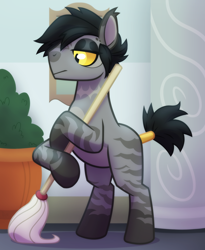 Size: 2048x2500 | Tagged: safe, artist:whitequartztheartist, imported from derpibooru, oc, oc only, oc:doomsparkle, earth pony, pony, bipedal, cleaning, high res, male, school of friendship, solo, yellow eyes