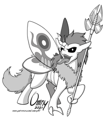 Size: 1000x1129 | Tagged: safe, artist:omny87, imported from derpibooru, oc, oc only, oc:dust, changeling, insect, moth, mothling, original species, glaive, monochrome, polearm, species swap, tongue out, weapon