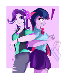 Size: 2000x2200 | Tagged: safe, artist:diamondgreenanimat0, artist:kathepart, imported from derpibooru, starlight glimmer, twilight sparkle, human, equestria girls, 2021, ass, blue hair, butt, butt bump, butt touch, clock, collaboration, duo, duo female, fanart, female, glimmer glutes, high res, large butt, looking at you, one eye closed, pink background, purple hair, simple background, surprised, twibutt, white background, wink, winking at you