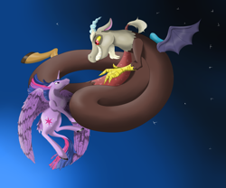 Size: 2325x1932 | Tagged: safe, artist:byemyfriends, artist:schokocream, imported from derpibooru, discord, twilight sparkle, alicorn, draconequus, pony, duo, female, flying, grin, horn, male, mare, night, smiling, stars, twilight sparkle (alicorn), wings