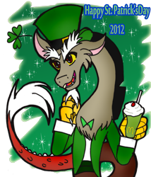 Size: 1465x1713 | Tagged: safe, artist:chibi-n92, imported from derpibooru, discord, draconequus, bust, clothes, clover, drink, four leaf clover, hat, holiday, male, milkshake, saint patrick's day, shamrock, shamrock shake, simple background, solo, top hat, transparent background