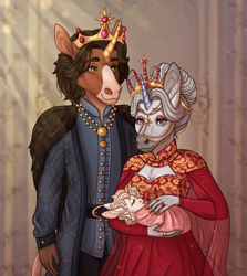 Size: 968x1084 | Tagged: safe, artist:bluet0ast, imported from derpibooru, oc, oc only, oc:aurora, oc:aurora ellery valentine, anthro, unicorn, baby, breasts, cleavage, crown, family, female, hoers, horn, jewelry, male, regalia, unicorn oc