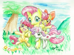 Size: 4189x3142 | Tagged: safe, artist:michiito, imported from derpibooru, apple bloom, fluttershy, scootaloo, sweetie belle, earth pony, pegasus, pony, unicorn, adorabloom, cute, cutealoo, cutie mark crusaders, daaaaaaaaaaaw, diasweetes, flower, one eye closed, open mouth, open smile, shyabetes, smiling, traditional art, tree, watercolor painting