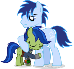 Size: 3367x3116 | Tagged: safe, artist:vector-brony, imported from derpibooru, oc, oc only, oc:p-21, oc:scotch tape, fallout equestria, fallout equestria: project horizons, clothes, crying, fanfic art, father and child, father and daughter, female, filly, high res, hug, jumpsuit, male, pipbuck, simple background, stallion, transparent background, vault suit