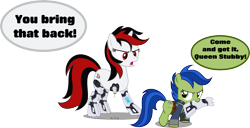 Size: 6006x3084 | Tagged: safe, artist:vector-brony, imported from derpibooru, oc, oc only, oc:blackjack, oc:scotch tape, cyborg, earth pony, pony, unicorn, fallout equestria, fallout equestria: project horizons, absurd resolution, amputee, cybernetic legs, dialogue, duo, duo female, earth pony oc, fanfic art, female, females only, filly, frown, horn, level 1 (project horizons), mare, simple background, talking, transparent background, unicorn oc, vector