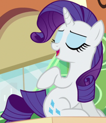 Size: 896x1036 | Tagged: safe, imported from derpibooru, screencap, rarity, pony, unicorn, season 6, the gift of the maud pie, cropped, eyes closed, female, mare, open mouth, raised hoof, sitting, solo, train