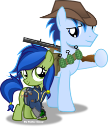 Size: 1024x1205 | Tagged: safe, artist:vector-brony, imported from derpibooru, oc, oc only, oc:p-21, oc:scotch tape, fallout equestria, fallout equestria: project horizons, fanfic art, grenade, gun, persuasion (p-21's rifle), pipbuck, simple background, transparent background, weapon