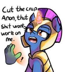 Size: 348x360 | Tagged: safe, artist:neuro, imported from derpibooru, oc, oc:anon, pony, unicorn, denied, dialogue, disembodied hand, female, guardsmare, hand, helmet, mare, offscreen character, royal guard, simple background, solo focus, vulgar, white background