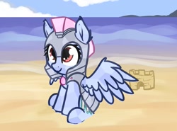 Size: 680x504 | Tagged: safe, artist:neuro, imported from derpibooru, crystal pony, pegasus, pony, beach, feathered wings, female, guardsmare, mare, royal guard, sandcastle, smiling, solo, spread wings, wings