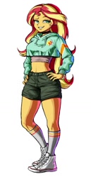 Size: 757x1468 | Tagged: safe, artist:nairdags, imported from derpibooru, sunset shimmer, equestria girls, belly button, choker, clothes, converse, cropped hoodie, dreamworks face, ear piercing, female, hand on hip, hands on hip, hoodie, legs, lidded eyes, looking at you, midriff, piercing, shirt, shoes, short shirt, shorts, simple background, smiling, sneakers, socks, solo, thighs, white background