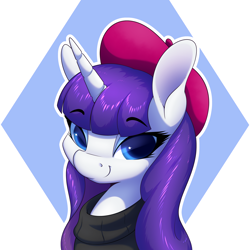 Size: 2600x2600 | Tagged: safe, artist:aquaticvibes, imported from derpibooru, rarity, pony, unicorn, alternate hairstyle, beatnik rarity, beret, bust, clothes, eyebrows, eyebrows visible through hair, female, hat, high res, looking at you, loose hair, mare, simple background, smiling, smiling at you, solo, sweater, white background, white outline