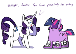 Size: 3508x2480 | Tagged: safe, artist:underpable, imported from derpibooru, rarity, twilight sparkle, alicorn, pony, unicorn, amogus, among us, clothes, crewmate, duo, female, high res, impostor, mare, meme, shoes, simple background, sus (among us), suspicious, swag, twilight sparkle (alicorn), white background