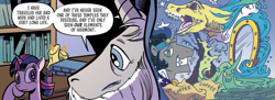 Size: 999x362 | Tagged: safe, artist:andypriceart, idw, imported from derpibooru, adagio dazzle, king sombra, princess celestia, queen chrysalis, star swirl the bearded, twilight sparkle, siren, unicorn, spoiler:comic, spoiler:comic100, comic, fluttersaurus rex, good king sombra, mirror, season 10