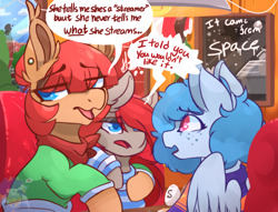 Size: 1212x926 | Tagged: safe, artist:drawtheuniverse, imported from derpibooru, oc, oc only, oc:ponepony, oc:scarlet topaz, earth pony, pegasus, annoyed, clothes, dialogue, ear fluff, ear piercing, earring, eyeshadow, female, freckles, jewelry, makeup, mother and child, mother and daughter, piercing, sweater