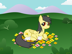 Size: 1024x768 | Tagged: safe, artist:aha-mccoy, imported from derpibooru, oc, oc only, oc:banana scent, earth pony, pegasus, pony, crossed hooves, female, flower, looking at you, lying down, mare, prone, solo