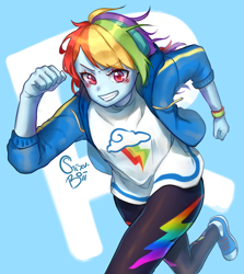 Size: 836x939 | Tagged: safe, artist:berty-kizu, imported from derpibooru, imported from ponybooru, rainbow dash, equestria girls, equestria girls series, eyebrows, eyebrows visible through hair, female, grin, running, smiling, solo