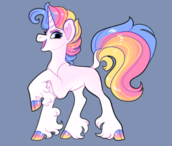 Size: 2600x2200 | Tagged: safe, artist:loryska, imported from derpibooru, oc, oc only, pony, unicorn, blue background, cloven hooves, female, high res, magical lesbian spawn, mare, offspring, parent:pinkie pie, parent:vinyl scratch, parents:vinylpie, simple background, solo