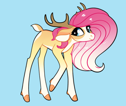 Size: 2600x2200 | Tagged: safe, artist:loryska, imported from derpibooru, oc, oc only, deer, deer pony, original species, blue background, high res, interspecies offspring, offspring, parent:fluttershy, parent:king aspen, simple background, solo