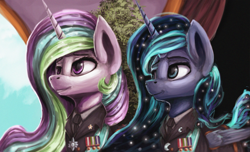 Size: 4881x2969 | Tagged: safe, artist:ryanmandraws, artist:ryanmangaming, imported from derpibooru, princess celestia, princess luna, alicorn, pony, equestria at war mod, clothes, detailed, duo, duo female, female, mare, military, military uniform, smiling, uniform