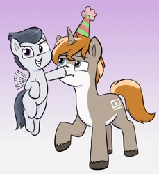 Size: 1980x2164 | Tagged: safe, artist:heretichesh, imported from derpibooru, rumble, oc, oc:itu, pegasus, pony, unicorn, birthday, blank flank, boop, colt, duo, flying, frown, gradient background, hat, looking at you, male, nose wrinkle, pale belly, party hat, smiling, smiling at you, stallion, unamused, unshorn fetlocks