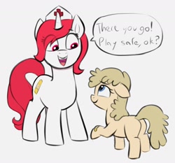 Size: 1896x1768 | Tagged: safe, artist:heretichesh, imported from derpibooru, oc, oc only, earth pony, pony, unicorn, bandaid, blank flank, butt, dialogue, duo, eye clipping through hair, female, filly, floppy ears, hat, mare, nurse, nurse hat, plot, simple background, speech bubble, white background