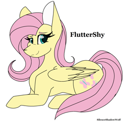 Size: 1885x1833 | Tagged: safe, artist:silenceshadowwolf, imported from derpibooru, fluttershy, pegasus, pony, eyelashes, female, lying down, mare, prone, simple background, solo, white background, wings