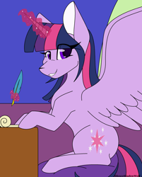 Size: 1976x2457 | Tagged: safe, artist:silenceshadowwolf, imported from derpibooru, twilight sparkle, alicorn, pony, eyelashes, female, glowing horn, grin, horn, magic, mare, quill, smiling, solo, telekinesis, twilight sparkle (alicorn), wings