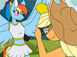 Size: 1943x1427 | Tagged: safe, artist:silenceshadowwolf, imported from derpibooru, applejack, rainbow dash, anthro, earth pony, pegasus, blushing, bow, camera shot, cheerleader, cheerleader rainbow dash, clothes, duo, embarrassed, eye clipping through hair, eyelashes, female, hair bow, hat, outdoors, pom pom, rainbow dash always dresses in style, skirt, smiling, tomboy taming, wings