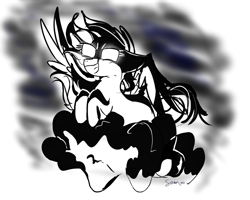 Size: 943x756 | Tagged: safe, artist:softhint, imported from derpibooru, rainbow dash, pegasus, pony, black and white, cloud, dramatic lighting, female, glowing eyes, grayscale, lying down, lying on a cloud, mare, monochrome, on a cloud, solo