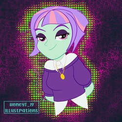 Size: 640x640 | Tagged: safe, artist:honeyt_expressive19, imported from derpibooru, sunny flare, equestria girls, abstract background, bedroom eyes, clothes, eyelashes, female, jewelry, necklace, smiling, solo