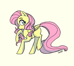 Size: 720x648 | Tagged: safe, artist:softhint, imported from derpibooru, fluttershy, pegasus, pony, female, mare, missing cutie mark, profile, simple background, solo, yellow background