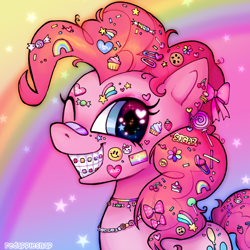 Size: 1000x1000 | Tagged: safe, artist:redapplesnap, imported from derpibooru, pinkie pie, earth pony, pony, bandaid, bandaid on nose, bow, braces, bust, ear piercing, female, grin, hair accessory, hairpin, heart eyes, jewelry, looking at you, mare, necklace, one eye closed, piercing, portrait, smiling, smiling at you, solo, sticker, three quarter view, wingding eyes, wink