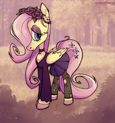 Size: 800x859 | Tagged: safe, artist:redapplesnap, imported from derpibooru, fluttershy, pegasus, pony, clothes, eyeshadow, female, fishnets, flower, flower in hair, flower in tail, goth, hair over one eye, makeup, mare, skirt, solo