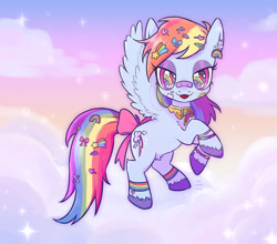 Size: 1280x1127 | Tagged: safe, artist:redapplesnap, imported from derpibooru, rainbow dash, pegasus, pony, bandaid, bandaid on nose, bow, element of loyalty, female, flying, looking at you, mare, solo, sticker, tail bow, unshorn fetlocks