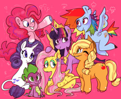 Size: 1280x1050 | Tagged: safe, artist:zimcore, imported from derpibooru, applejack, fluttershy, pinkie pie, rainbow dash, rarity, spike, twilight sparkle, alicorn, dragon, earth pony, pegasus, pony, unicorn, crown, female, jewelry, leonine tail, male, mane seven, mane six, mare, one eye closed, regalia, twilight sparkle (alicorn), winged spike, wings