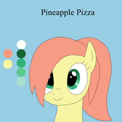 Size: 2925x2925 | Tagged: safe, artist:pi, imported from derpibooru, oc, oc only, oc:pineapple pizza, earth pony, pony, colored, flat colors, green eyes, high res, ponytail, reference sheet, smiling, solo