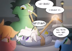 Size: 2048x1446 | Tagged: safe, artist:mochi_nation, imported from derpibooru, oc, oc only, oc:silver bolt, unnamed oc, earth pony, pony, bondage, female, gritted teeth, hogtied, male, mare, mouth hold, rope, speech bubble, stallion, tied up