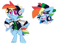 Size: 1060x776 | Tagged: safe, artist:nekosnicker, imported from derpibooru, rainbow dash, pegasus, pony, bipedal, cap, clothes, gamer dash, hat, headphones, jacket, minecraft, one eye closed, simple background, solo, tongue out, varsity jacket, white background, wink