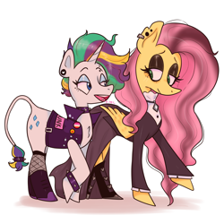 Size: 1000x1000 | Tagged: safe, artist:zimcore, imported from derpibooru, fluttershy, rarity, pegasus, pony, unicorn, alternate hairstyle, boots, choker, clothes, dress, duo, fishnets, fluttergoth, leonine tail, punk, raripunk, shoes, simple background, spiked choker, spiked wristband, vest, white background, wristband