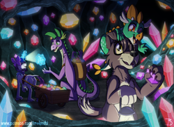 Size: 1626x1181 | Tagged: safe, artist:inuhoshi-to-darkpen, imported from derpibooru, rarity, spike, oc, oc:ash, oc:smokey quartz, diamond dog, dragon, adopted offspring, cart, cave, gem cave, gemstones, helmet, lantern, mining helmet, older, older spike