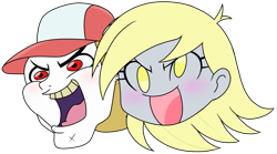 Size: 1125x625 | Tagged: safe, artist:batipin, imported from derpibooru, part of a set, bulk biceps, derpy hooves, equestria girls, cap, duo, ear piercing, earring, hat, head only, jewelry, open mouth, piercing, simple background, transparent background, yeah